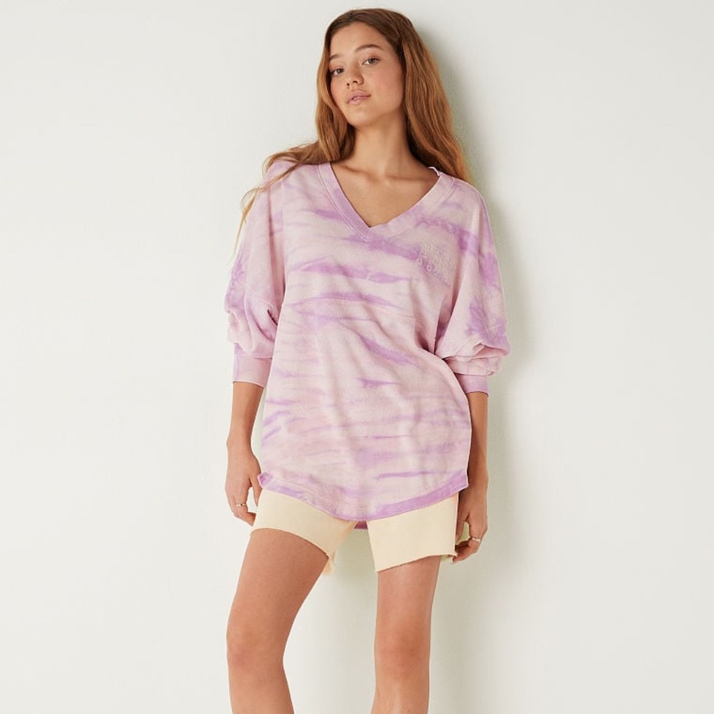 Victoria's Secret PINK Varsity Beach Terry V Neck Long Sleeve Purple Tie Dye L